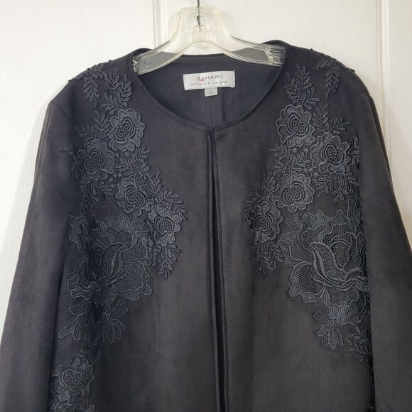 Tahari Arthur S. Levine Black Ultra Suede Jacket with Lace Applique - Picture 3 of 7